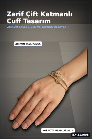 Çiçek Desenli Zirkon Taşlı Kadın Bileklik - Pirinç Materyal - Tekli Takı BX-313605
