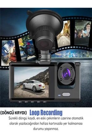 1080p 3 Kameralı Araç İçi Kamera IPS Ekranlı Ultra Geniş Açılı Gece Görüşlü G Sensörlü