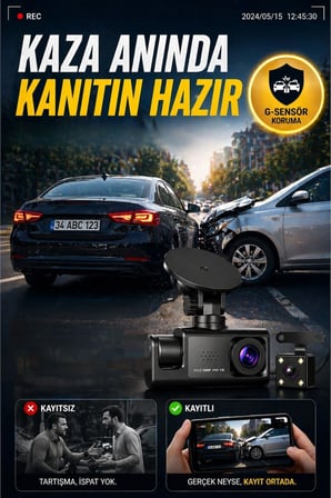 WiFi 1080p 3 Kameralı Araç İçi Kamera LCD Ekranlı Gece Görüşlü G Sensörlü Geniş Açılı
