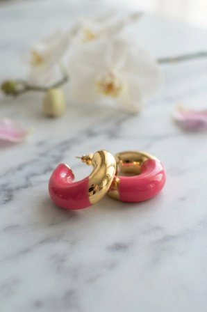 316L Çelik Gold Renk Fuşya Halka Model Kadın Küpe