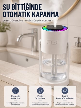 LED Işıklı Hava Nemlendirme Cihazı Şeffaf Su Hazneli Sessiz Masaüstü Nemlendirici