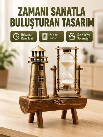 Vintage Kum Saati + Deniz Feneri Modeli – Ahşap Gövdeli Masa Üstü Dekor Yeni Nesil