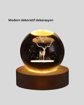 USB Bağlantılı Geyik Temalı Kristal Küre Premium Masa Gece Lambası