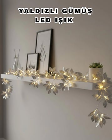Yaldızlı Gümüş Yaprak LED Işık Pilli Dekoratif Ortam ve Yılbaşı Aydınlatması