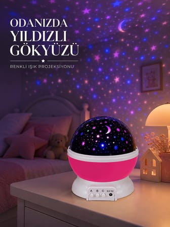 Pembe Döner Yıldız Projektörü USB ve Pilli Kullanımlı Gece Lambası