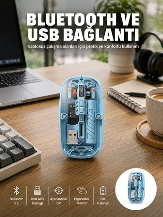Bluetooth 5.2 Destekli Mavi Pilli Kablosuz Mouse Yeni Nesil