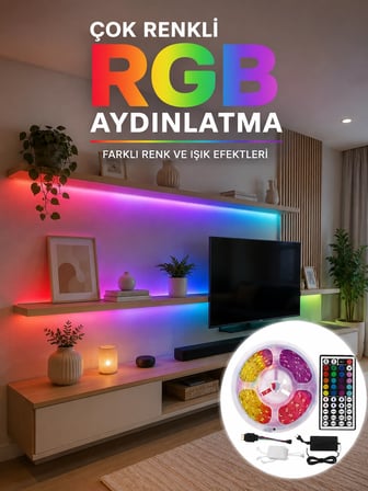 5 Metre Kumandalı RGB LED Şerit 5050 SMD 54 LED/M Renk Değiştiren Ambiyans Aydınlatma
