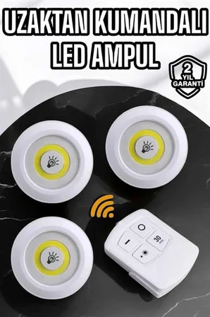 Spot Lamba Led Işık 3'lü Uzaktan Kumandalı Pilli Yapışkanlı Kablosuz Yeni Nesil