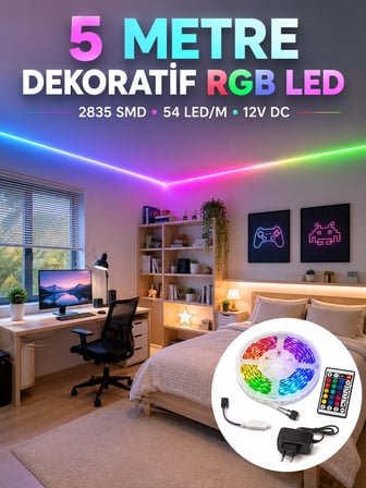5 Metre RGB Şerit LED 2835 SMD 54 LED/M Uzaktan Kumandalı Dekoratif Aydınlatma