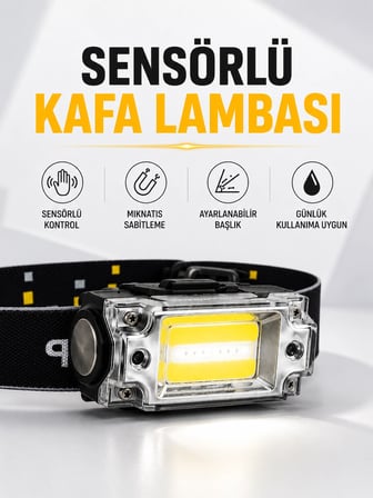 Sensör Kontrollü Şarjlı Beyaz LED Kafa Lambası ve El Feneri