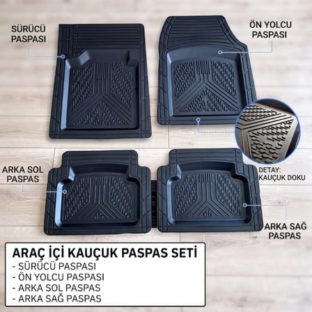 Araç İçi Paspas Seti - 4'lü Set - Karışık Desenler - Kauçuk - Kaymaz Yüzey