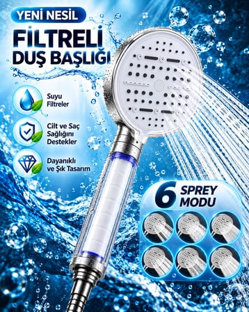 Modern Tasarımlı 6 Modlu Filtreli Duş Başlığı Büyük Panel Metalik Beyaz Duş Aparatı