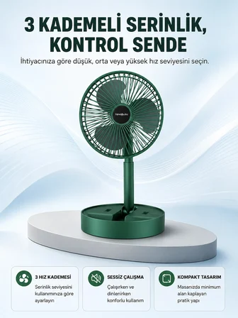 Taşınabilir Katlanabilir Mini Fan 3 Kademeli Şarj Edilebilir
