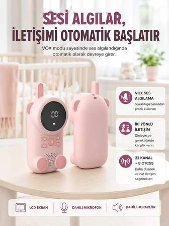 Uzun Menzilli Bebek Telsizi 1-3 Km Çekim 22 Kanal LCD Ekran VOX Şarjlı