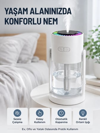 Ultrasonik Hava Nemlendirici Renkli LED Işıklı Sessiz Oda Nemlendirme Cihazı