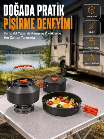 Alüminyum Kamp Pişirme Seti Katlanabilir Kulplu Çaydanlık Tencere Tava Outdoor Yemek Seti
