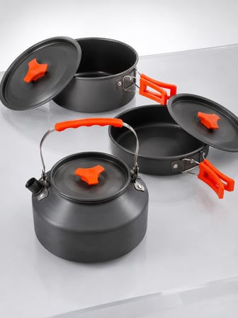 Alüminyum Kamp Pişirme Seti Katlanabilir Kulplu Çaydanlık Tencere Tava Outdoor Yemek Seti