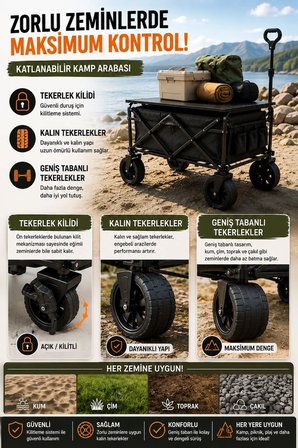 Katlanır Kamp Arabası 130 Kg Kapasiteli Üst Tablalı Kalın Tekerlekli Çok Amaçlı Taşıma Arabası