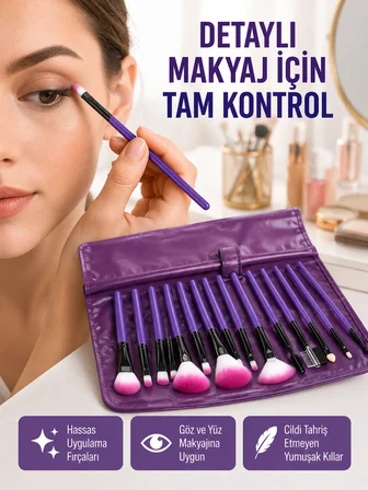 Fondöten, Allık ve Far Uygulamalarına Uygun 12 Parça Makyaj Fırça Takımı Ergonomik Saplı