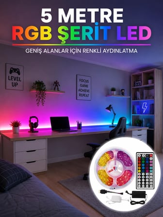 RGB Şerit LED 5 Metre 5050 SMD Kumandalı Çok Renkli Ev Oda TV Arkası Dekoratif Aydınlatma