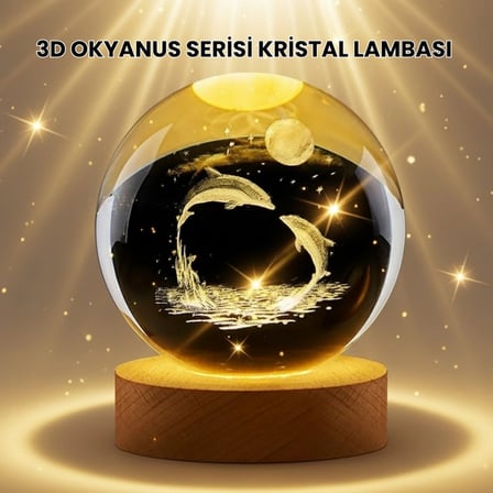 Lazer İşlemeli Yunus Kristal Küre Sıcak Işıklı Ahşap Standlı