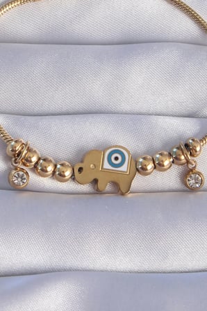 L Çelik Gold Renk Zirkon Taşlı Nazarlı Fil Tasarımlı Bileklik