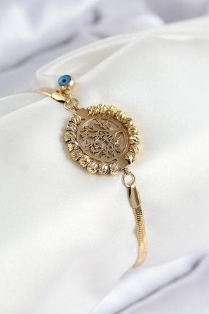 L Çelik Nazar Boncuk Detaylı Hayat Ağacı Model İtalyan Zincir Gold Renk Kadın Bileklik