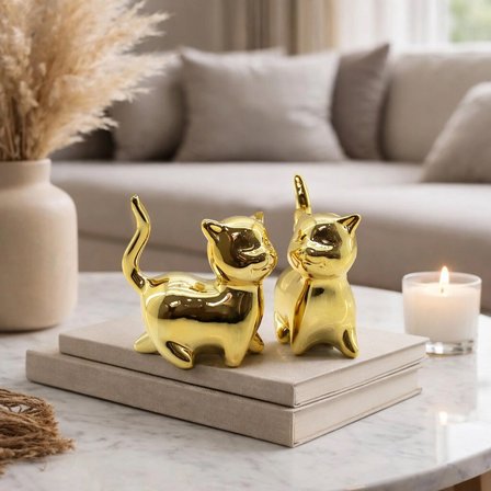 Kuyruklu Kedi Tasarımlı Biblo - Orta Boy - Seramik - Parlak Altın