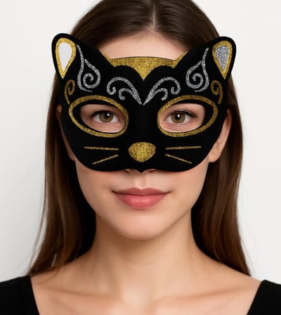 Kadife Dokulu Simli Kedi Maskesi Altın Gümüş Detaylı