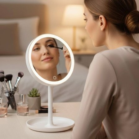LED Işıklı Yuvarlak Makyaj Aynası – Dokunmatik Ayarlanabilir Işık Tonlu, 360° Döner Masaüstü Profesyonel Makyaj ve Cilt Bakım Aynası