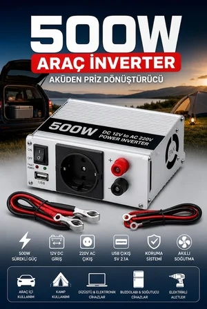 Fanlı 500W DC AC İnverter 12V Akü Girişi 220V Priz USB Çıkışı Taşınabilir Dönüştürücü
