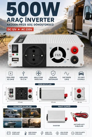 Fanlı 500W DC AC İnverter 12V Akü Girişi 220V Priz USB Çıkışı Taşınabilir Dönüştürücü