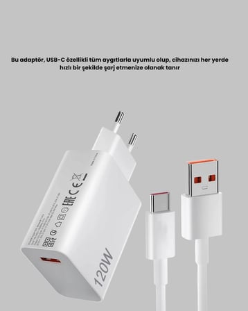 120W Ultra Hızlı Şarj Adaptörü USB-C Destekli Güçlü Şarj Teknolojisi