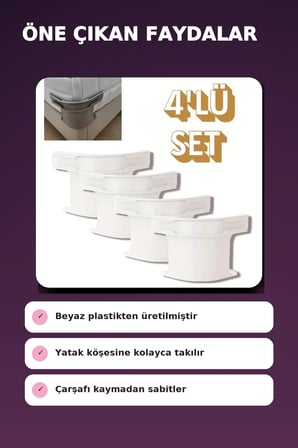 4'lü Beyaz Plastik Yatak Çarşaf Sabitleyici Klips Seti