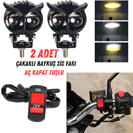 Baykuş Sis Farı Sarı-Beyaz Motosiklet Sis Farı Otomobil Atv Utv Off Road Uyumlu 2 Adet Aç Kapat Tuşlu