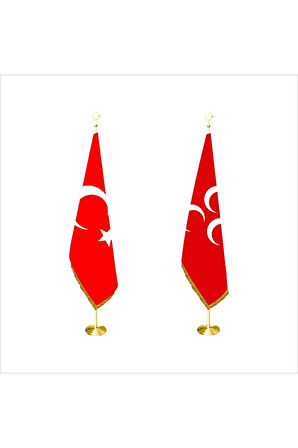 Kırmızı Üç Hilal Ve Türk Makam Bayrağı Pirinç Direkli