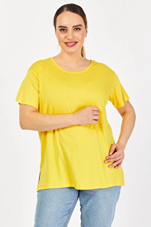 Büyük Beden Bisiklet Yaka Sarı Tişört