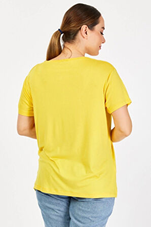 Büyük Beden Bisiklet Yaka Sarı Tişört