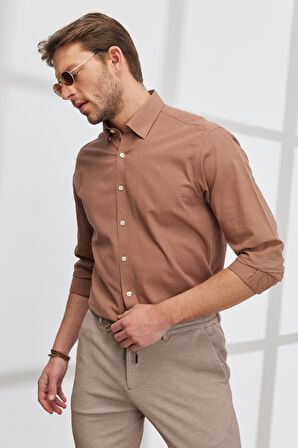 Comfort Fit Rahat Kesim Gizli Düğme Yaka %100 Pamuk Flamlı Gömlek