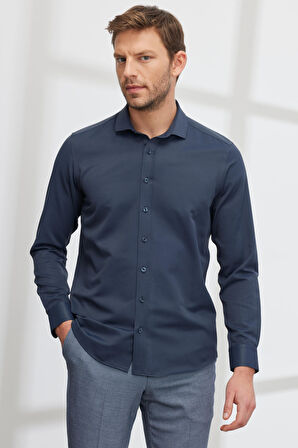 Erkek Lacivert Slim Fit Dar Kesim Italyan Yaka Armürlü Gömlek