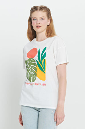 %100 Pamuk Oversize Fit Bol Kesim Baskılı Bisiklet Yaka Crop Tişört