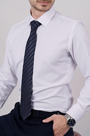 Gömlek Kravat Seti ( sunda Lacivert Çizgi Desenli Kravat & Beyaz Armür Slimfit Gömlek)