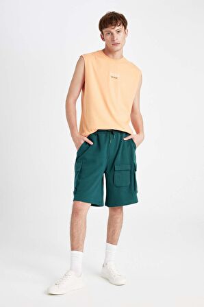 DeFacto Relax Fit Beli Lastikli Bağcıklı Basic Düz Kargo Bermuda Şort C5591AX24HSGN650