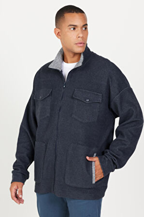 Erkek Indigo Melanj Oversize Bol Kesim Dik Yaka Pamuklu Desenli Sweatshirt Ceket