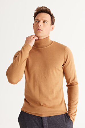 Erkek Vizon Standart Fit Normal Kesim Tam Balıkçı Yaka Triko Kazak