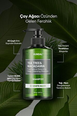Yağlı Saçlara Özel Şampuan KUNDAL Tea Tree & Macadamia Deep Cleansing Shampoo 500 ml (White Musk)