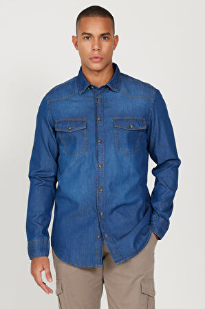 Erkek Mavi Slim Fit Dar Kesim Gizli Düğmeli Yaka %100 Pamuk Denim Gömlek