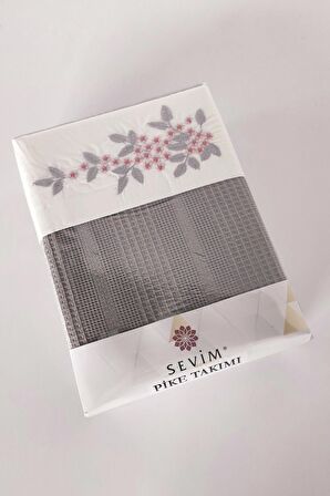 Sevim Çift Kişilik 4 Parça Pike Takımı Çeyizlik, Legacy-Gri