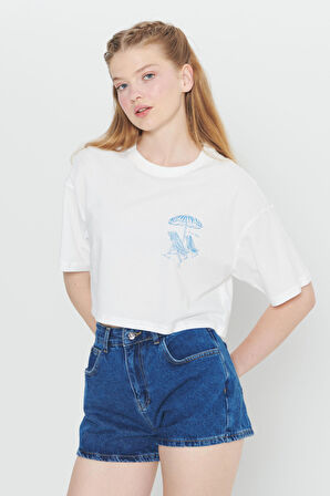 Oversize Fit Bol Kesim %100 Pamuk Bisiklet Yaka Baskılı Crop Tişört