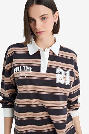 Coool Loose Fit Çizgili Polo Yaka Sweatshirt